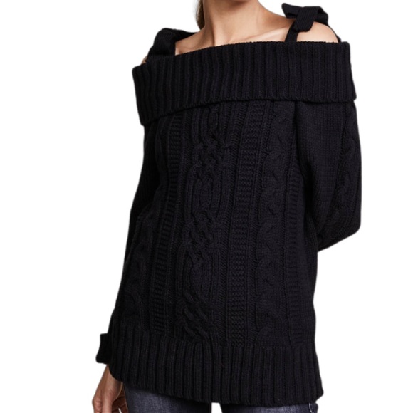 JOA Black Off The Shoulder Tied Cable Knit Sweater - Picture 3 of 7